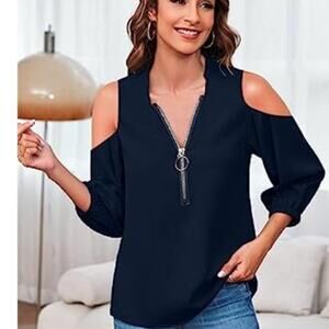 Dark Blue V-Neck Lantern Sleeve Blouse – Zipper Front Loose Casual Top